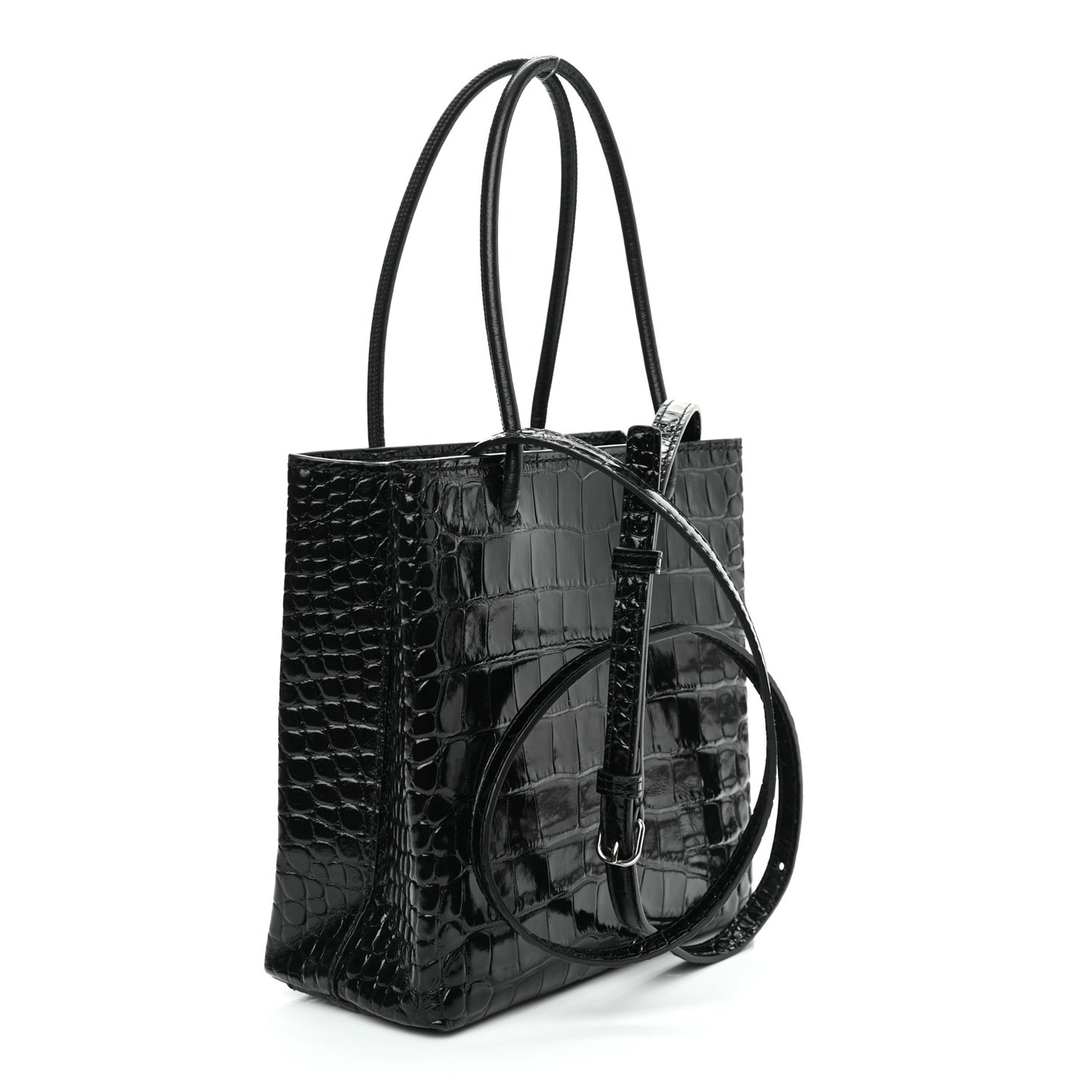 Shiny Calfskin Logo Crocodile Embossed North South Shopper Tote XXS Black White