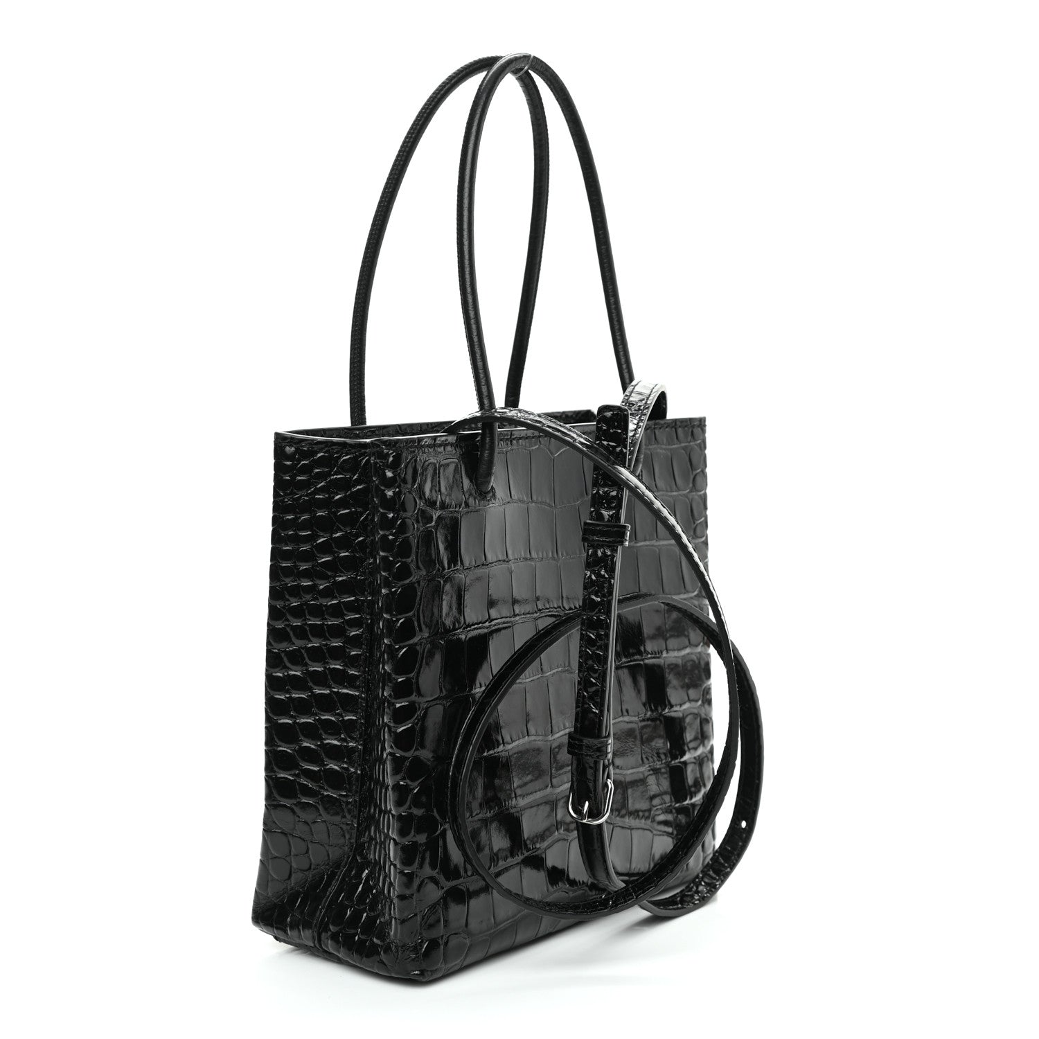 Balenciaga Shiny Calfskin Logo Crocodile Embossed North South Shopper Tote XXS Black White 3 of 8