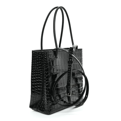 Balenciaga Shiny Calfskin Logo Crocodile Embossed North South Shopper Tote XXS Black White 3 of 8