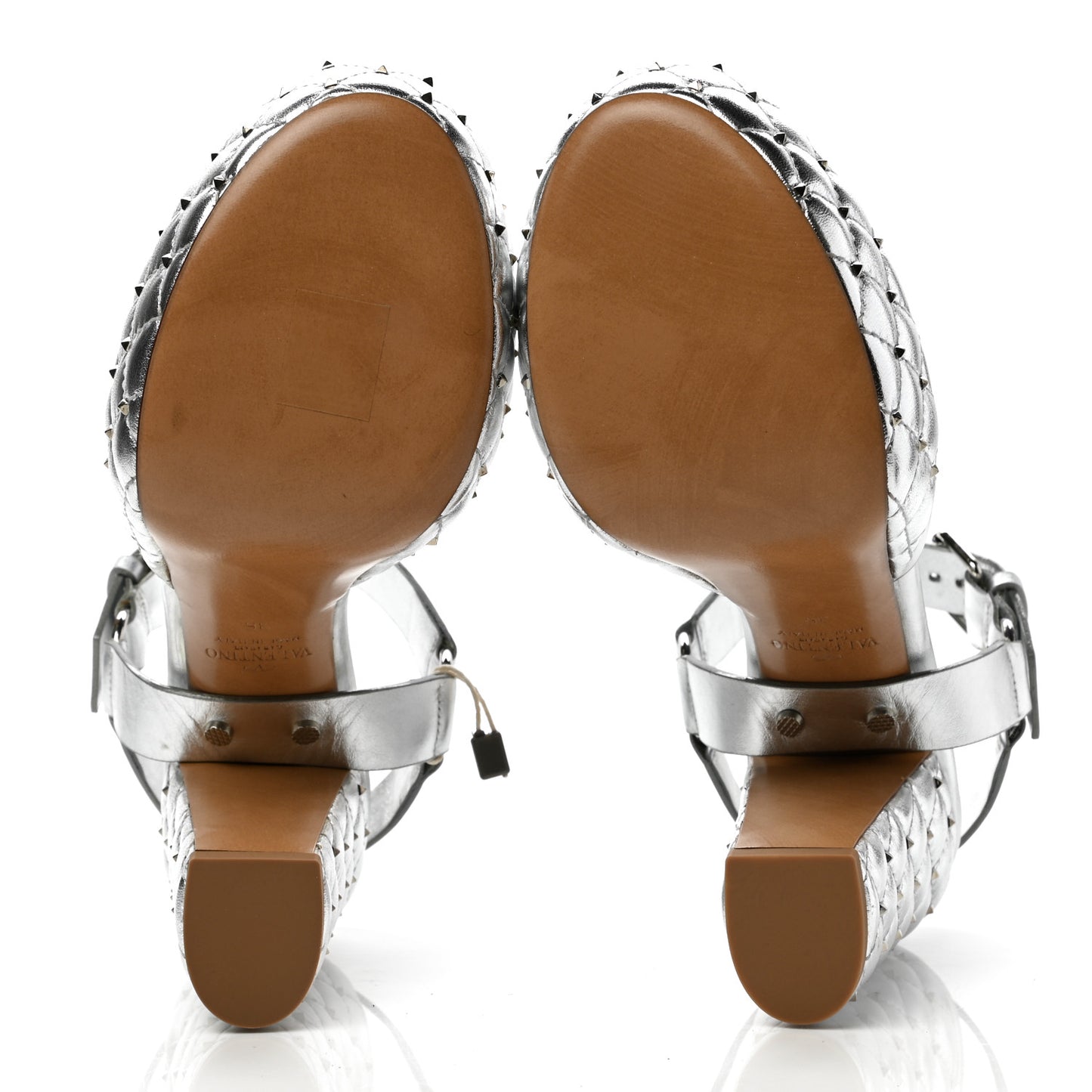 Metallic Nappa Quilted Rockstud Spike Platform Sandals 36 Silver