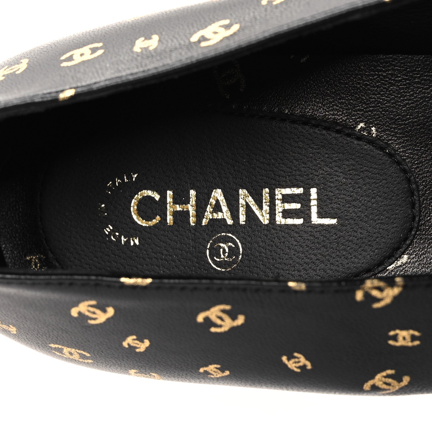 Chanel Lambskin Patent Calfskin Printed CC Cap Toe Ballerina Flats 38 Black Gold 7 of 9