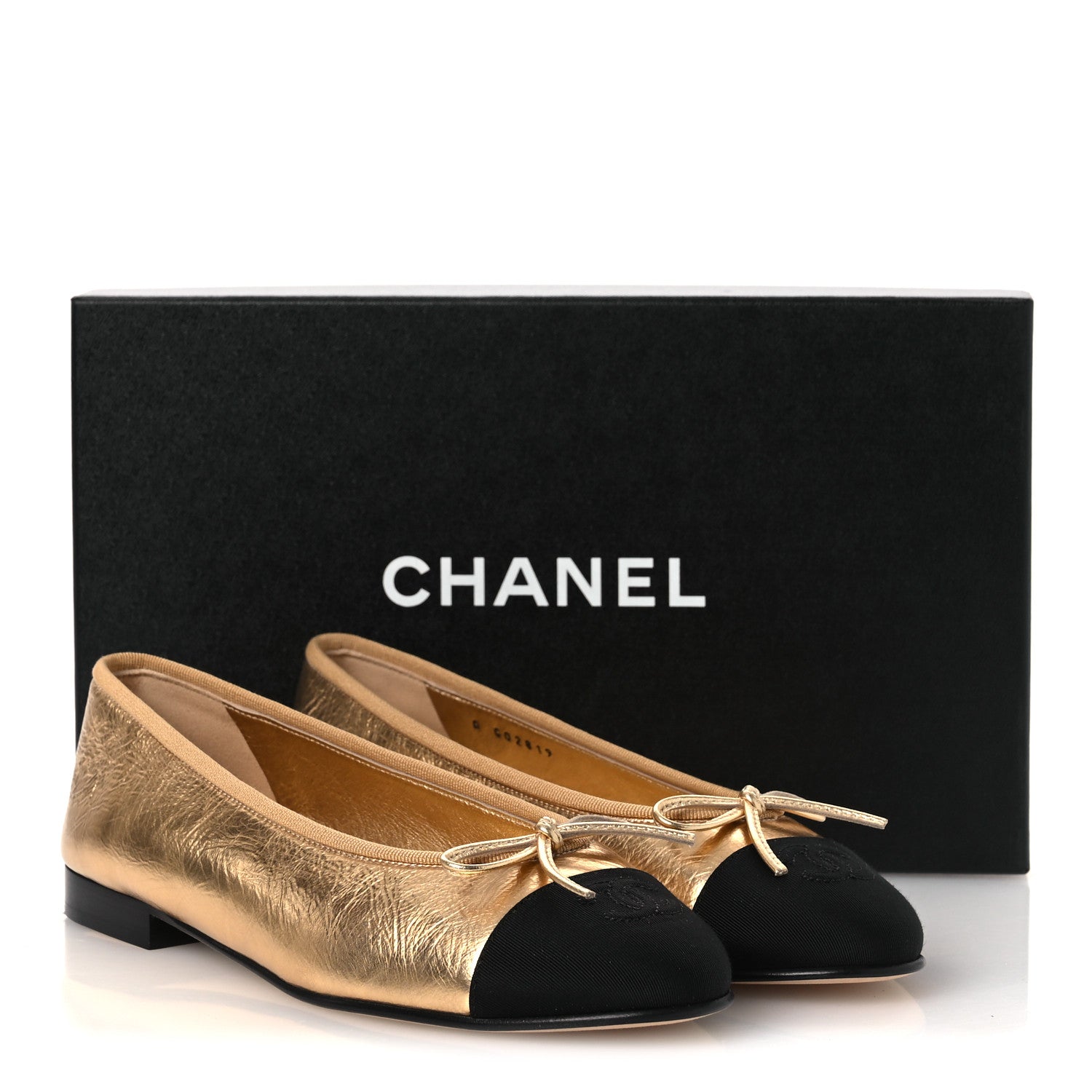 Chanel Laminated Crumpled Lambskin Grosgrain Cap Toe CC Ballerina