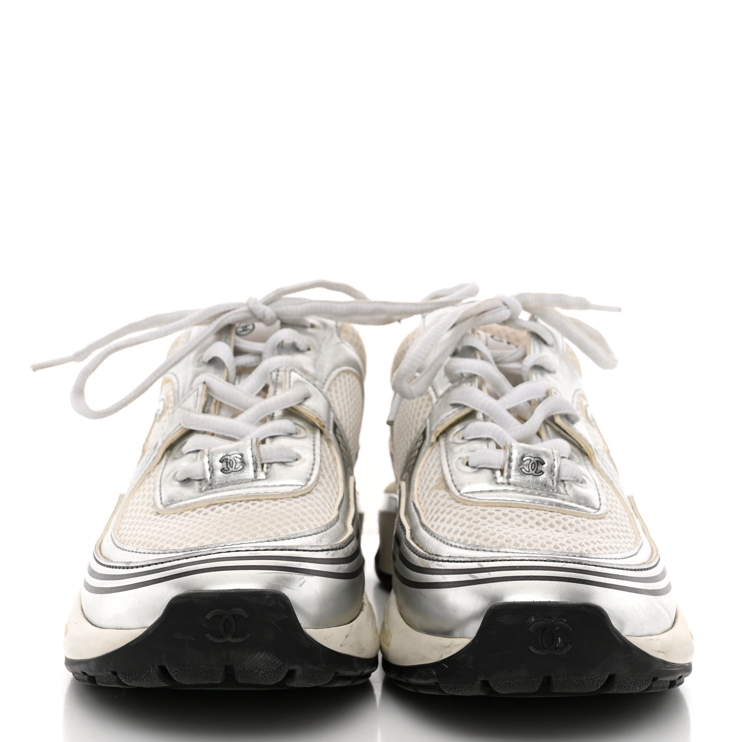 Chanel Fabric Laminated Calfskin Stretch CC Sneakers 36.5 White Silver 3 of 10