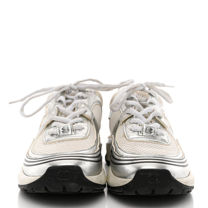 Chanel Fabric Laminated Calfskin Stretch CC Sneakers 36.5 White Silver 3 of 10