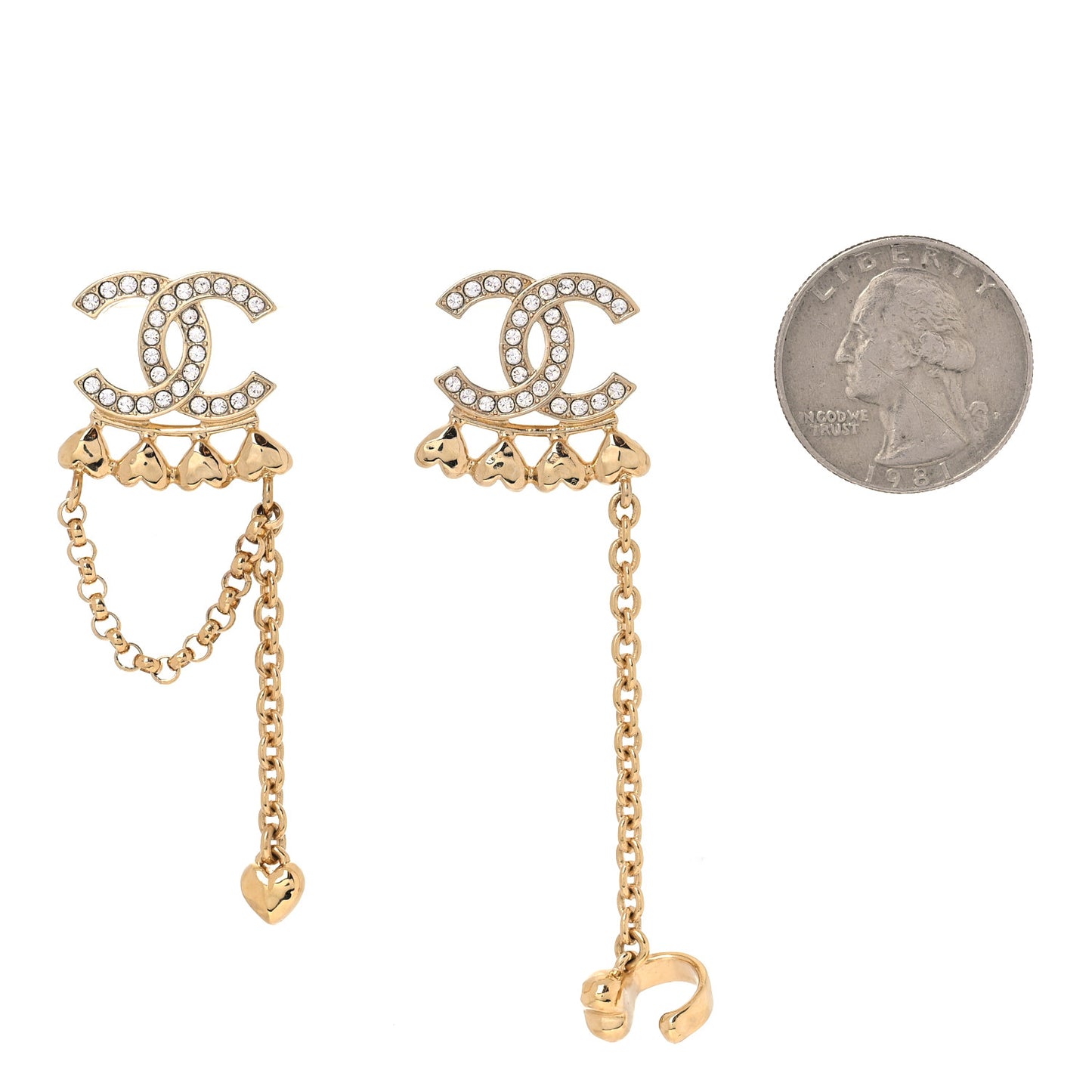 Metal Crystal CC Drop Heart Link Earrings Gold