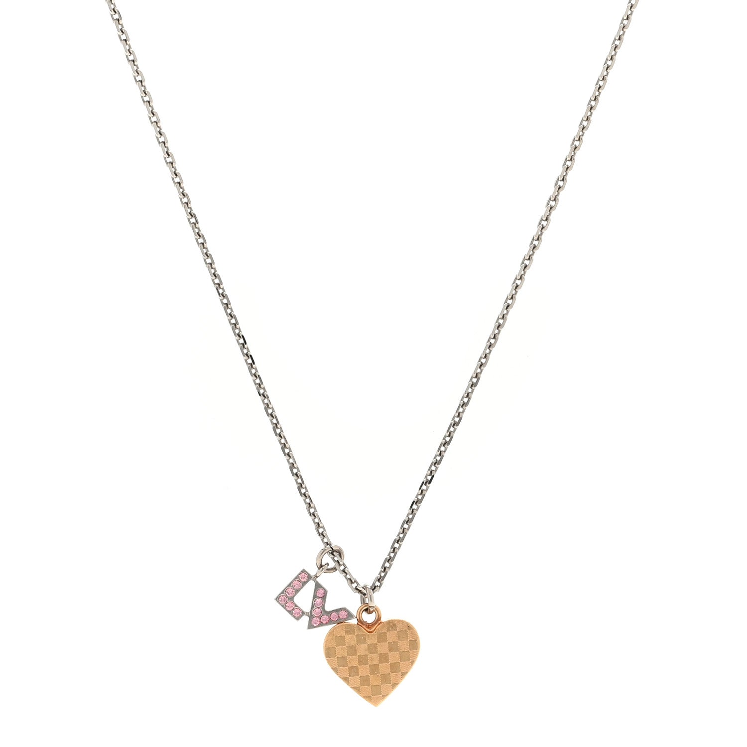 Louis Vuitton Damier Heart Pendant Necklace Silver Gold 1 of 4