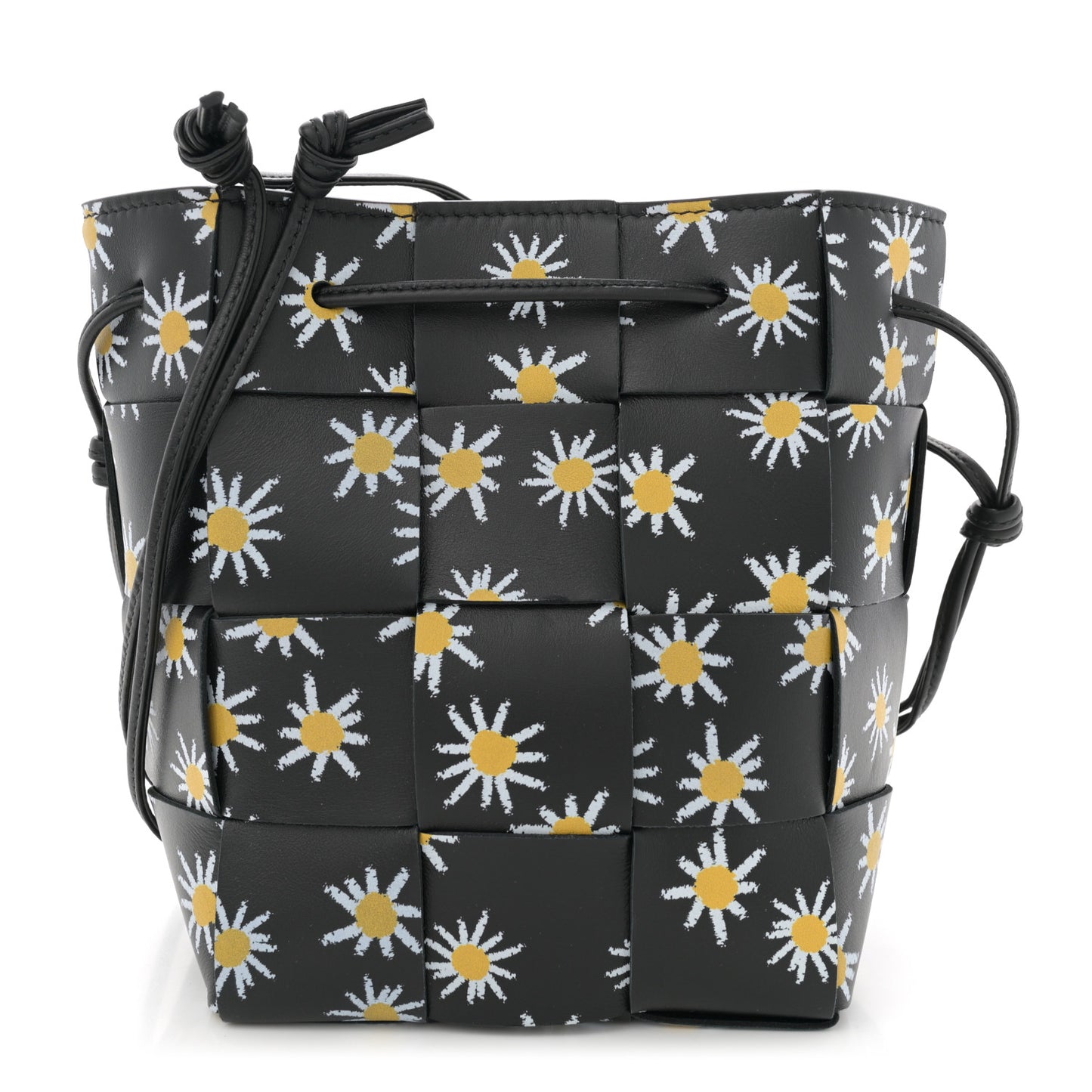 Nappa Maxi Intrecciato Daisy Print Small Cassette Bucket Bag Black White Yellow