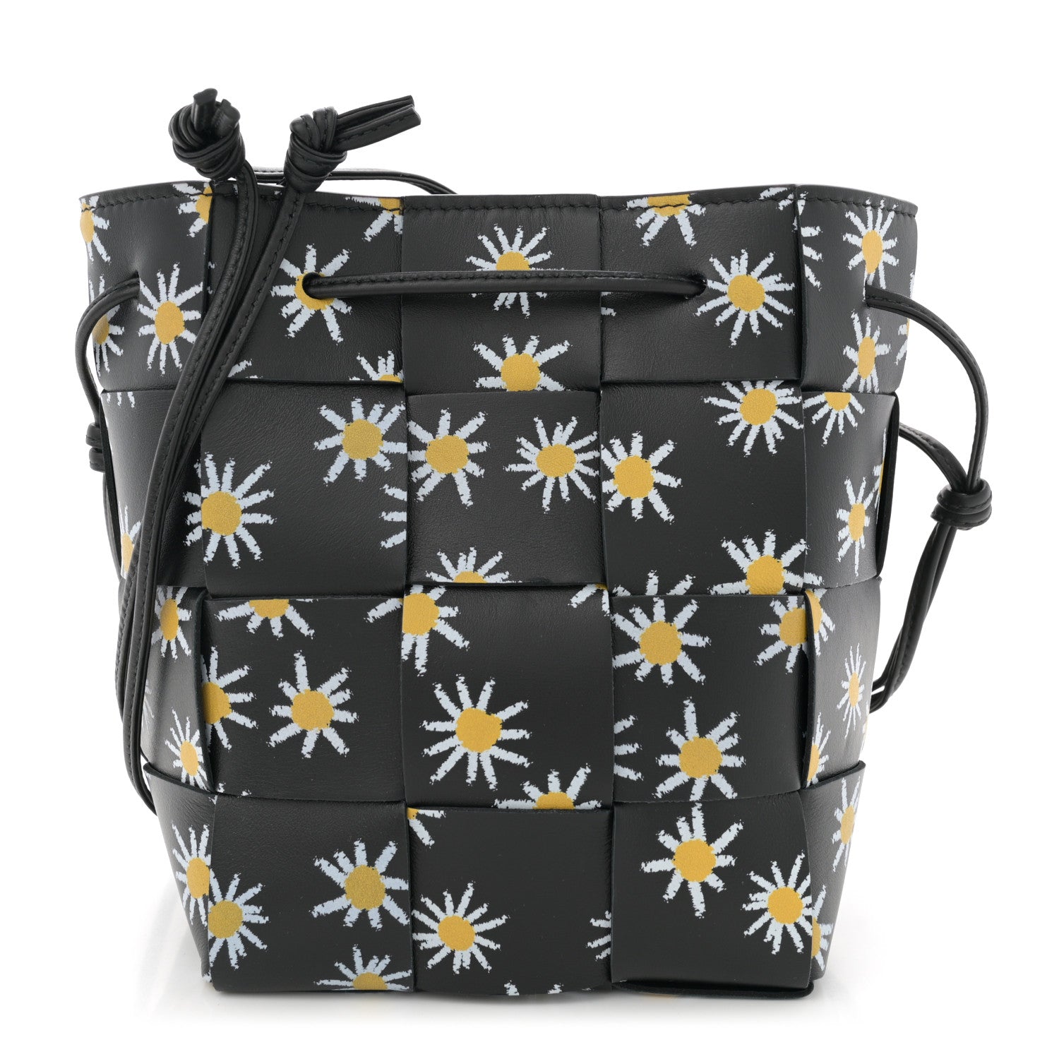 Bottega Veneta Nappa Maxi Intrecciato Daisy Print Small Cassette Bucket Bag Black White Yellow 1 of 10