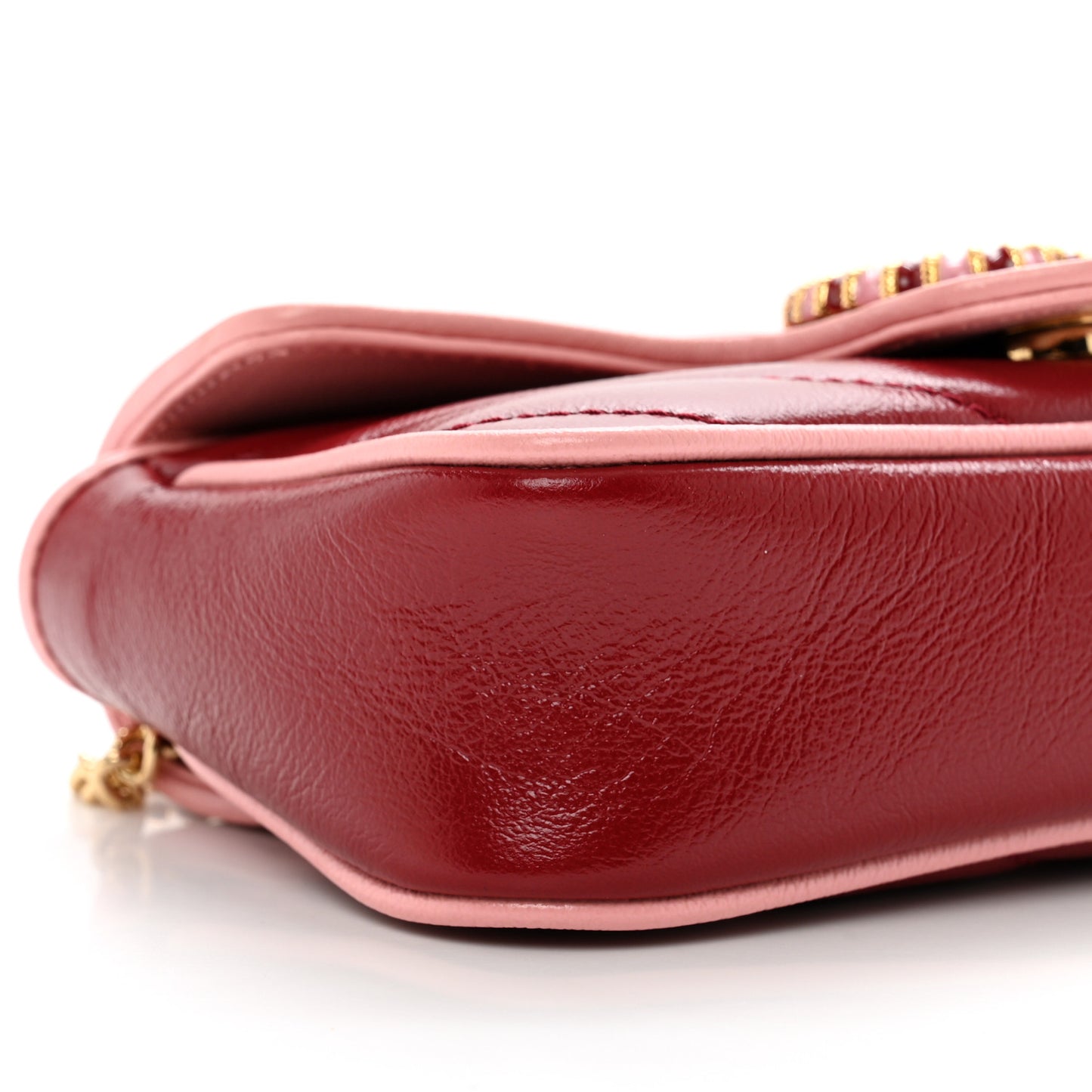 Azalea Calfskin Enamel Matelasse Diagonal Super Mini Torchon GG Marmont Shoulder Bag New Cherry Red Wild Rose