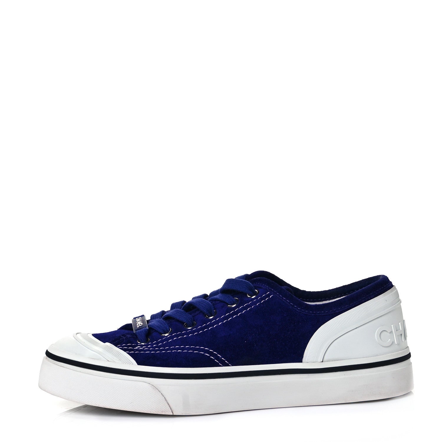 Chanel Suede Calfskin Lace Up Cap Toe Sneakers 37 Blue 1 of 9