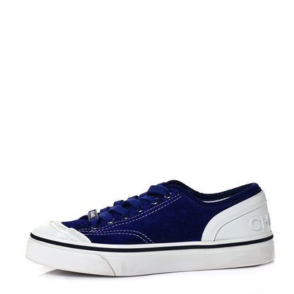 Chanel Suede Calfskin Lace Up Cap Toe Sneakers 37 Blue 1 of 9