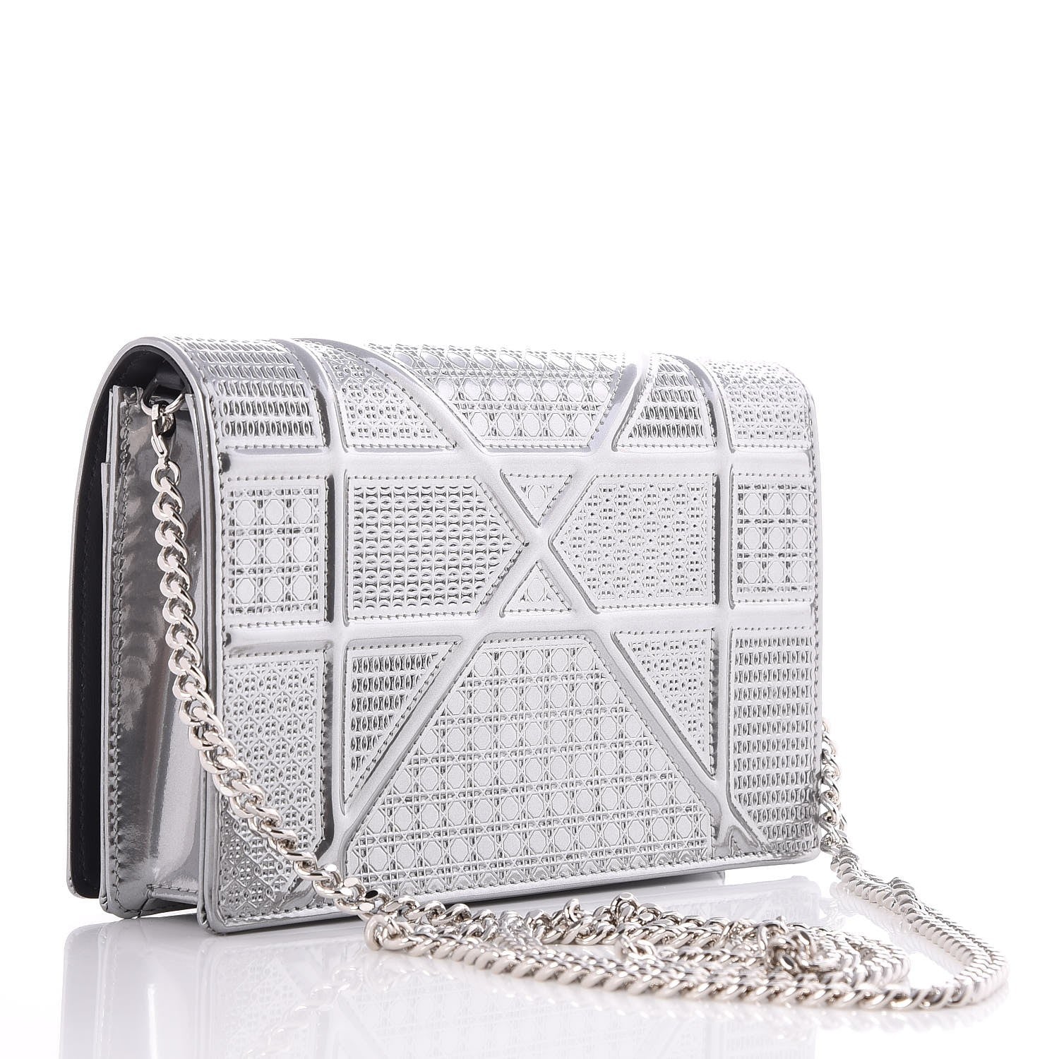 Christian Dior Metallic Patent Micro-Cannage Diorama Wallet on Chain Pouch Silver 3 of 7