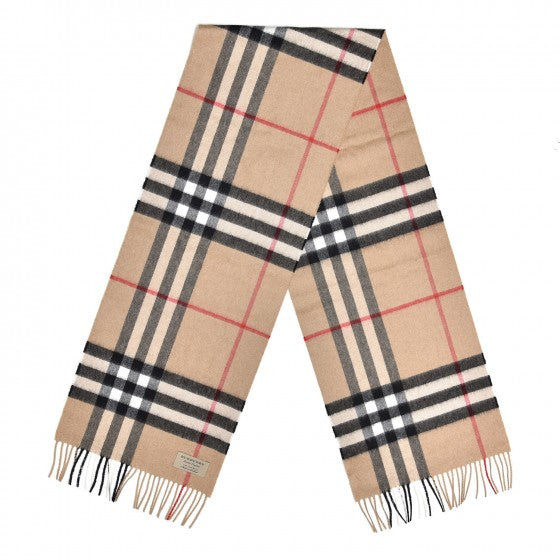 Cashmere Giant Check Fringe Scarf Camel