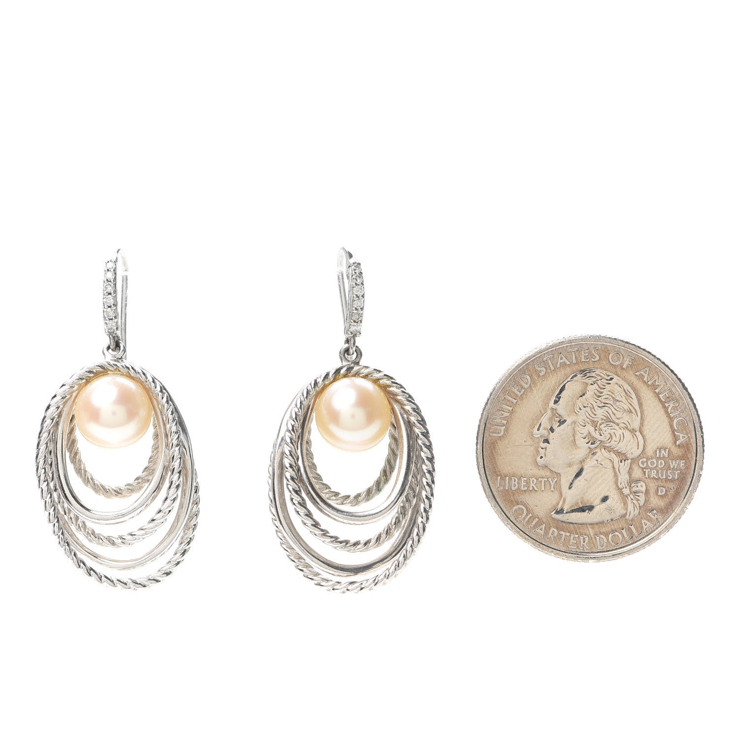 David Yurman Sterling Silver Pearl Diamond Crossover Cable Drop Earrings 2 of 4