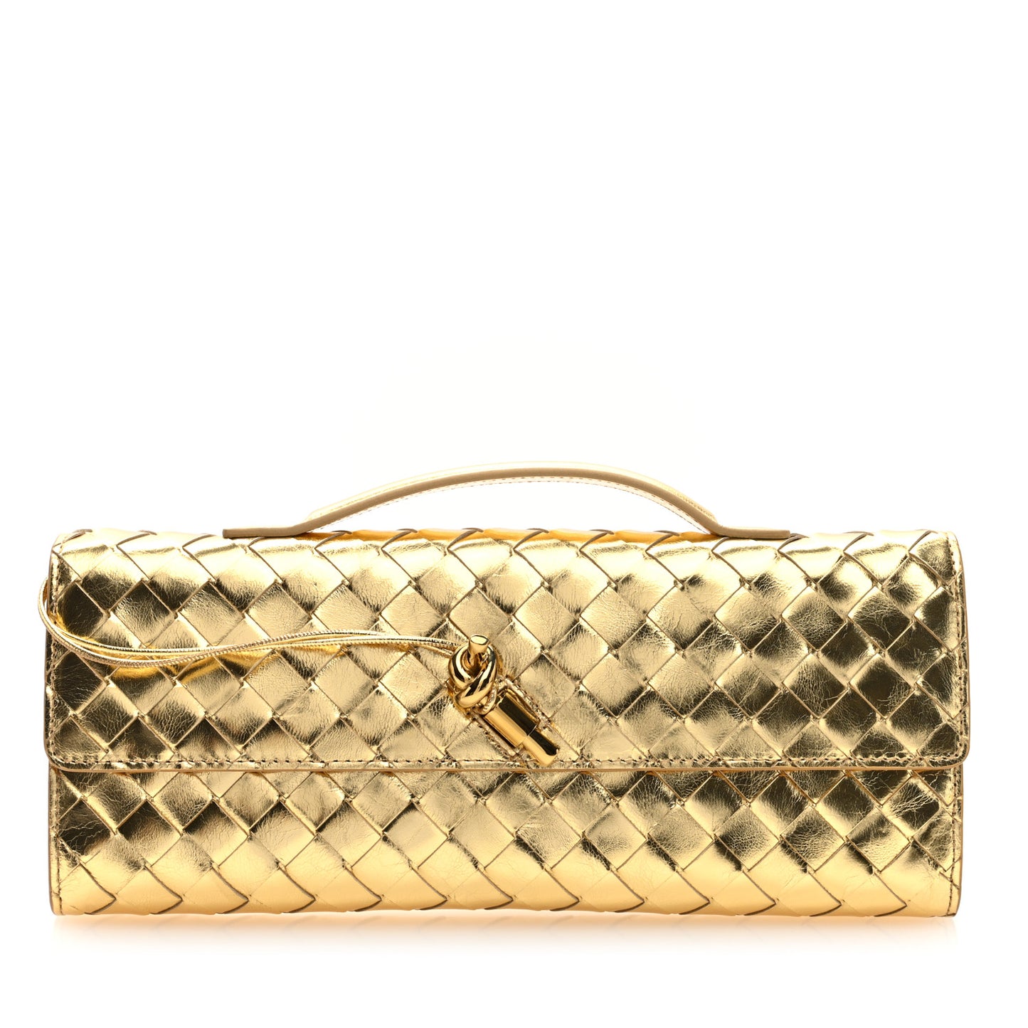 Metallic Lambskin Intrecciato Long Andiamo Top Handle Clutch Gold