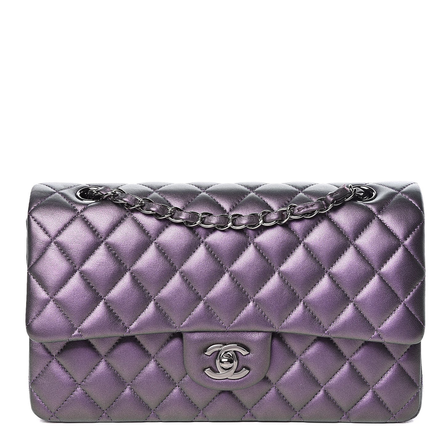 Iridescent Lambskin Quilted Medium Double Flap Dark Purple