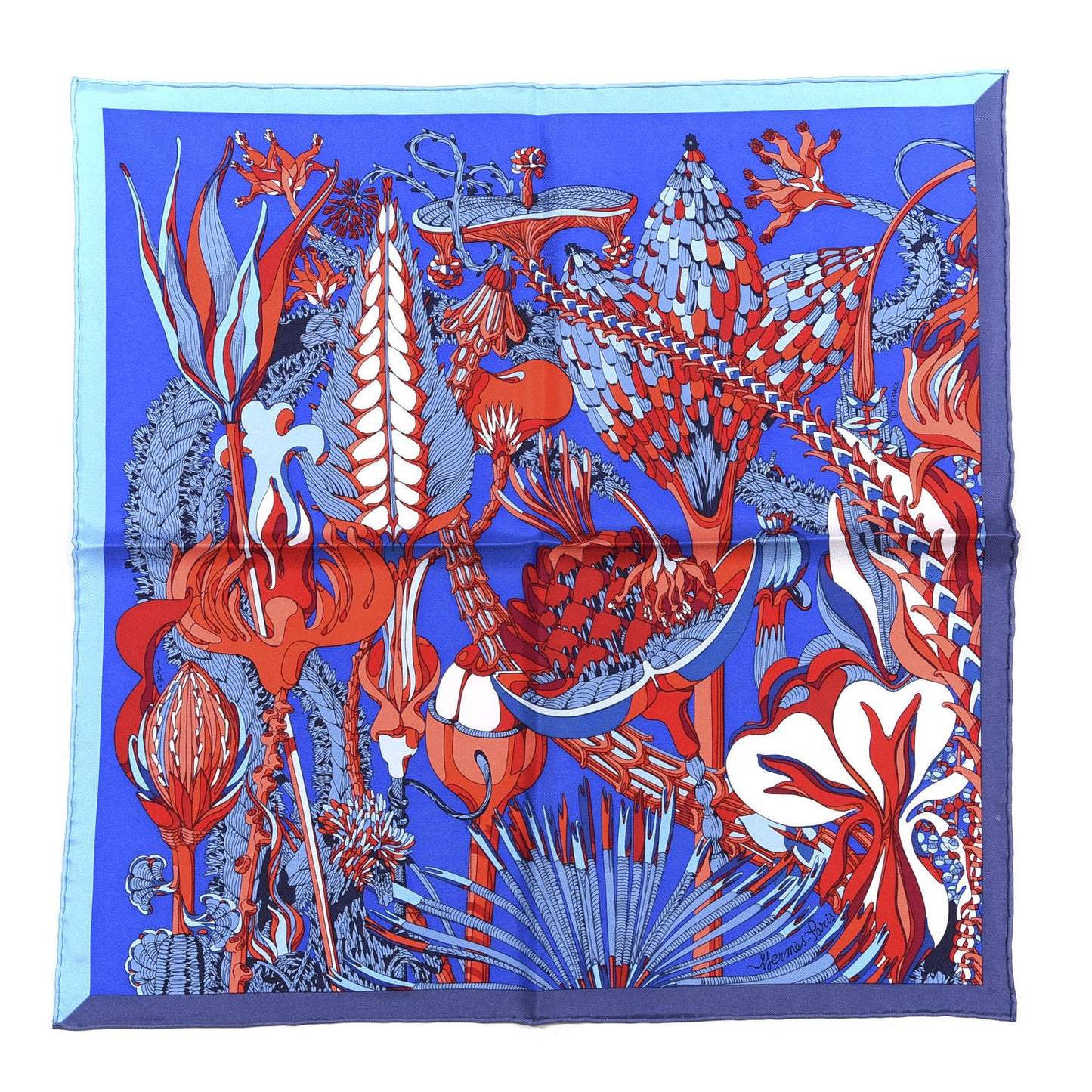 Silk Fantaisie Botanique Pocket Square Scarf Bleu Royal Rouge White