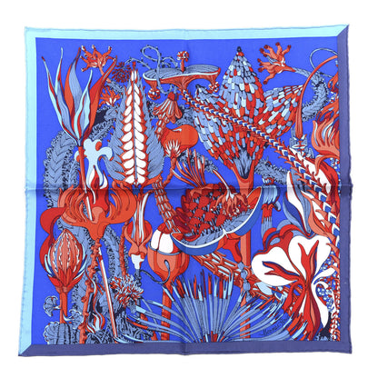 Hermes Silk Fantaisie Botanique Pocket Square Scarf Bleu Royal Rouge White 1 of 5