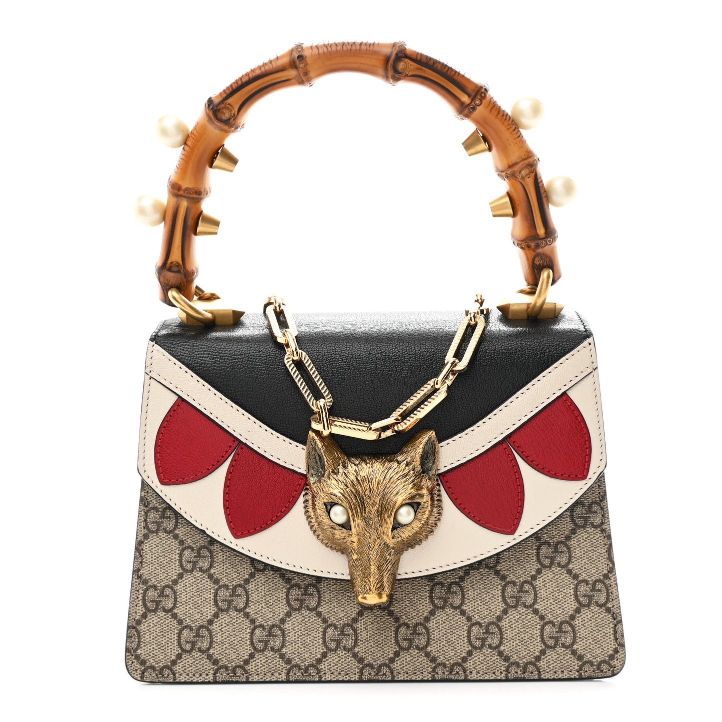GG Supreme Monogram Goatskin Pearl Mini Fox Broche Bamboo Top Handle Bag Beige Ebony Black Hibiscus Red Mystic White