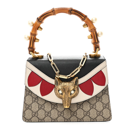 Gucci GG Supreme Monogram Goatskin Pearl Mini Fox Broche Bamboo Top Handle Bag Beige Ebony Black Hibiscus Red Mystic White 1 of 10