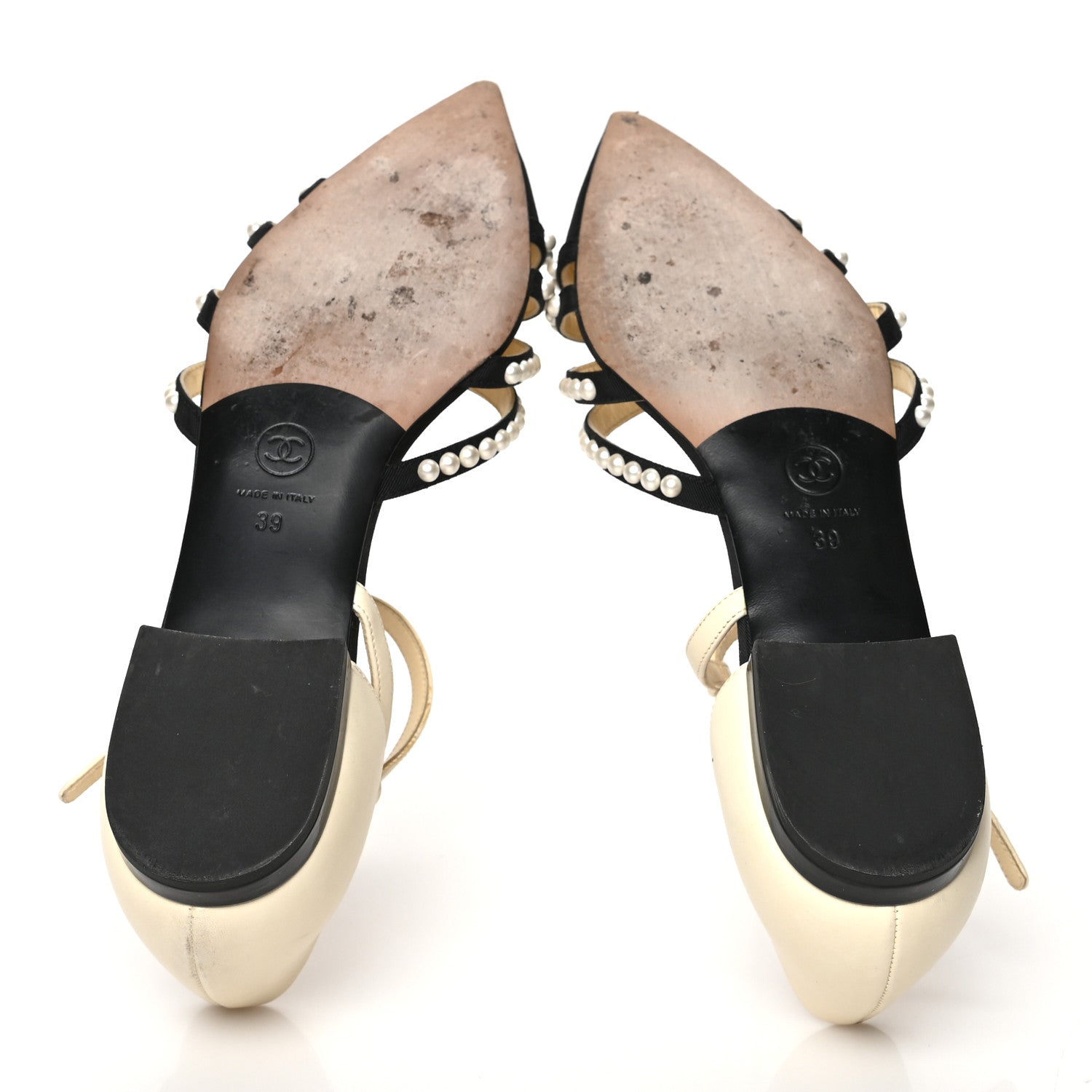 Chanel Lambskin Grosgrain Pearl Slingbacks White Black 5 of 8