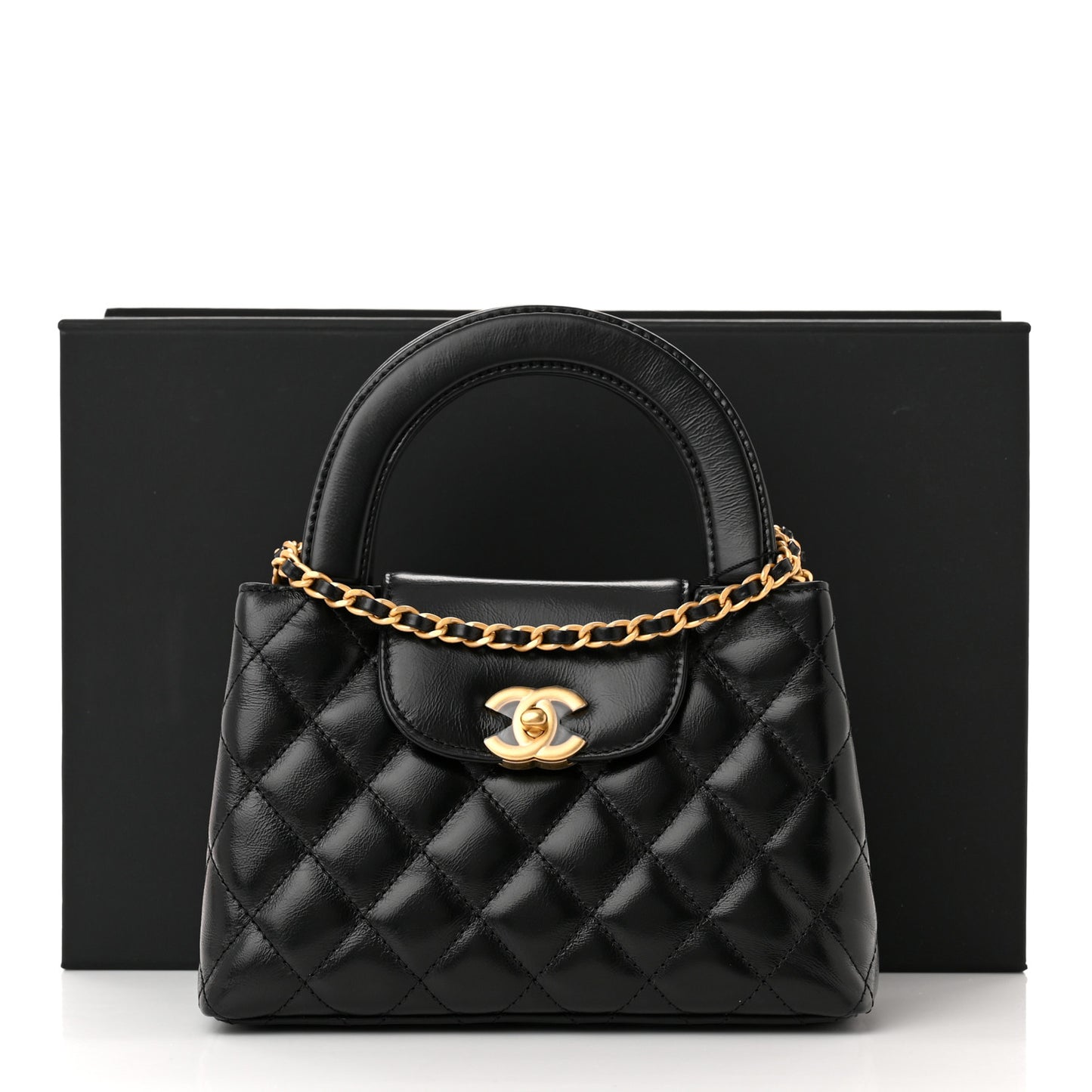Shiny Aged Calfskin Quilted Nano Kelly Shopper Black