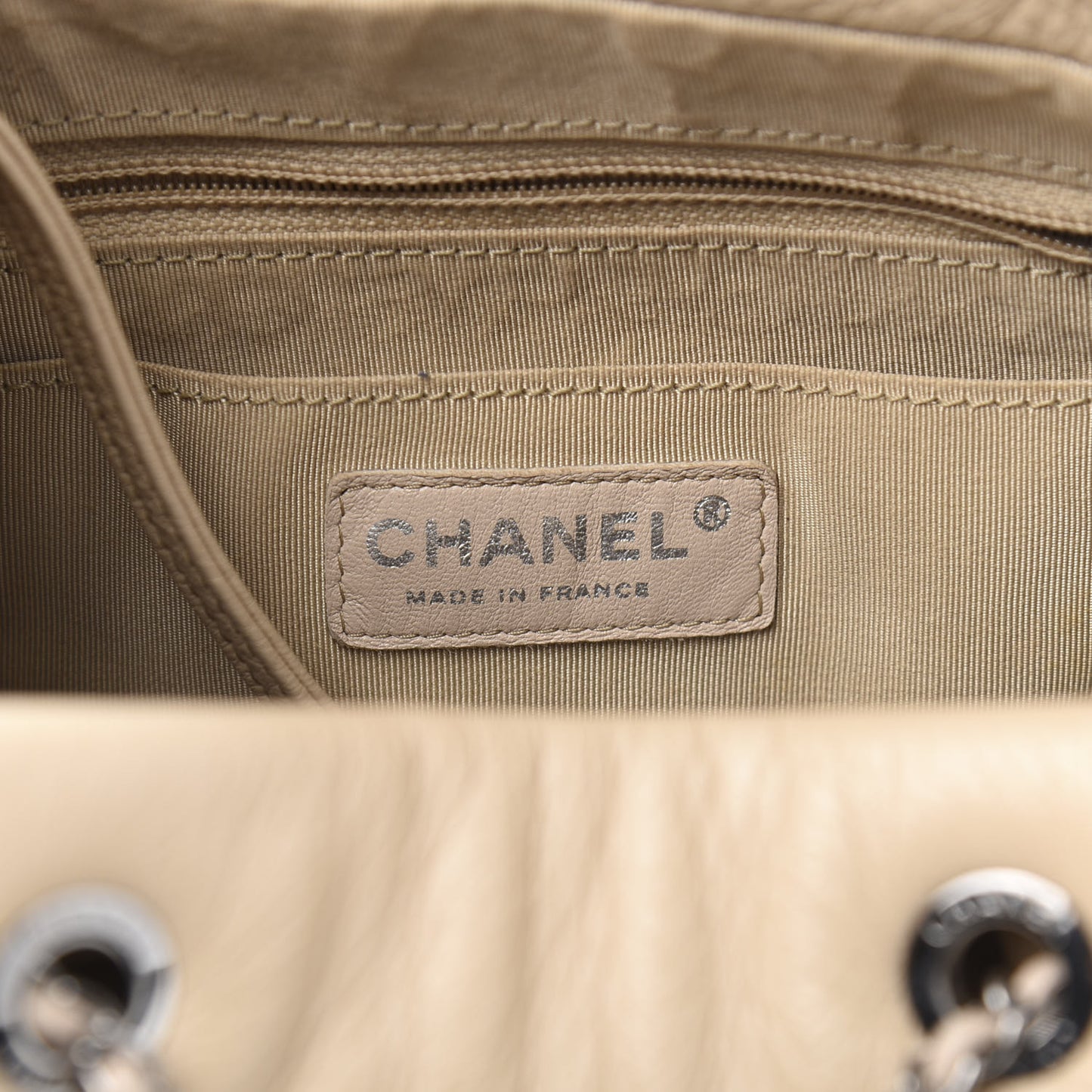 Deerskin Chevron Medium CC Chain Bucket Drawstring Bag Beige