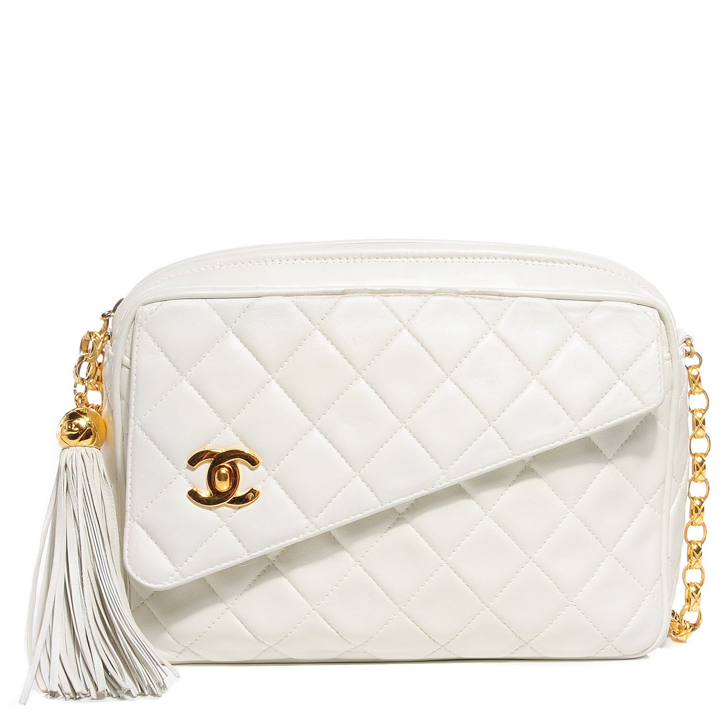 Lambskin Quilted Tassel Camera Case White