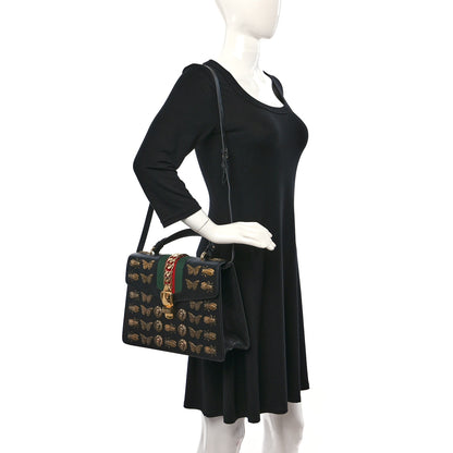 Gucci Calfskin Animal Studs Medium Sylvie Top Handle Bag Black 2 of 11