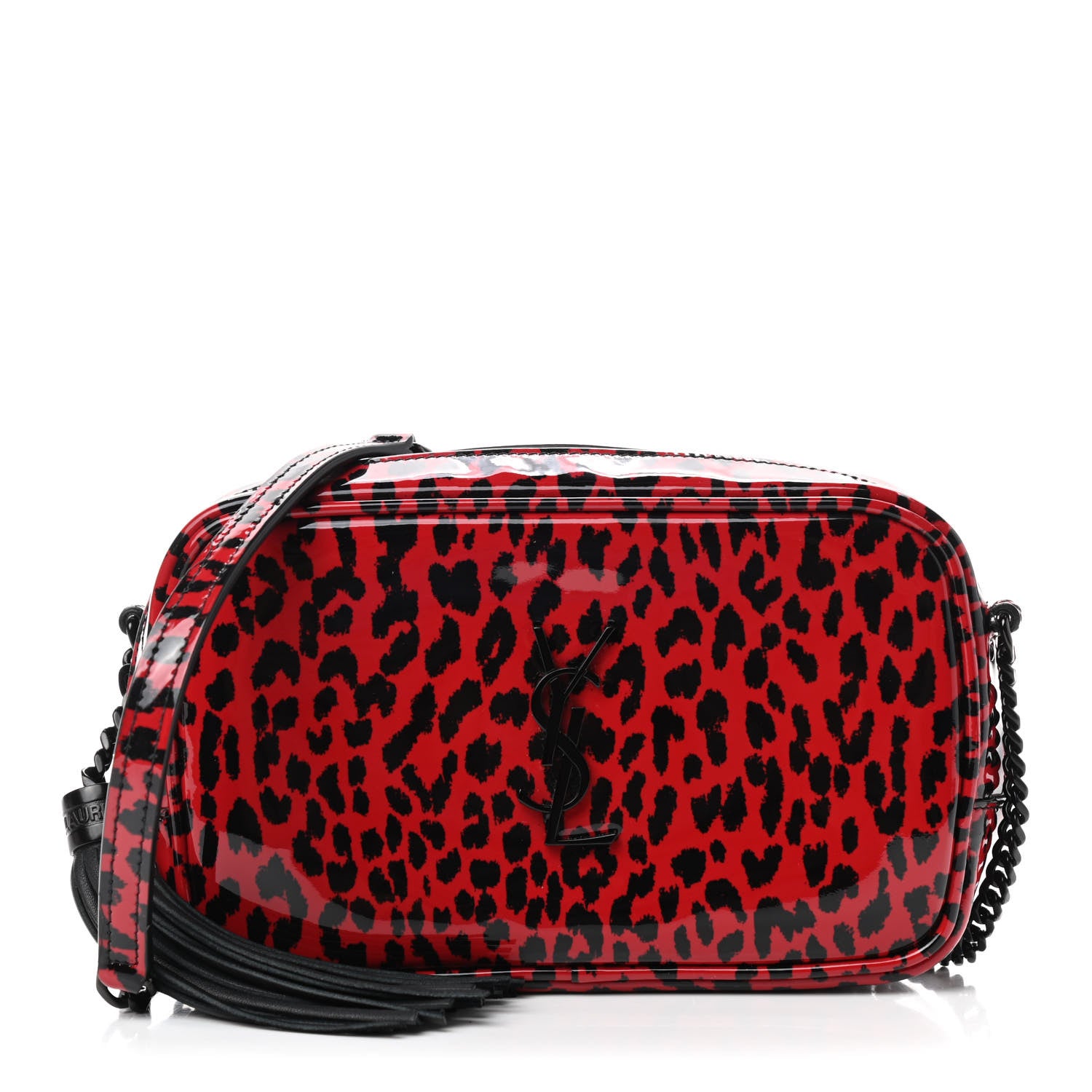 Saint Laurent Patent Calfskin Leopard Print Monogram Mini Lou Camera Bag Red 1 of 9