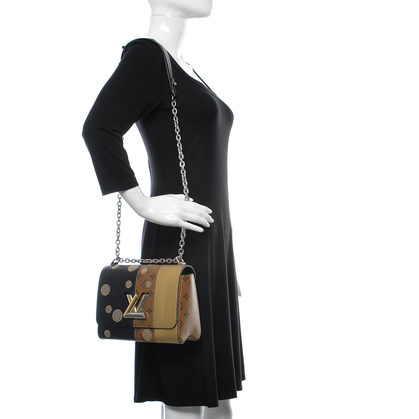Calfskin Reverse Monogram Studded Twist Shoulder Bag MM Black Gold