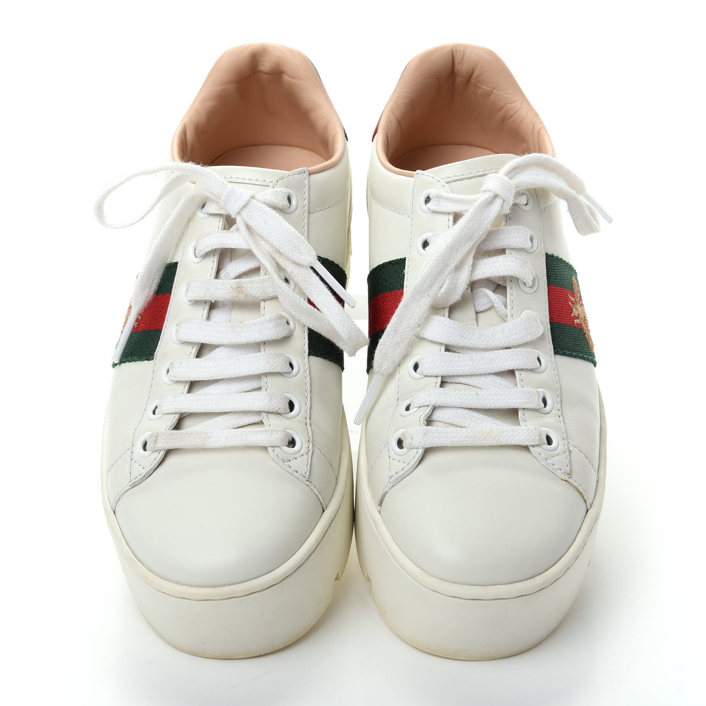 Calfskin Web Bee Embroidered Womens Ace Platform Sneakers 36 White