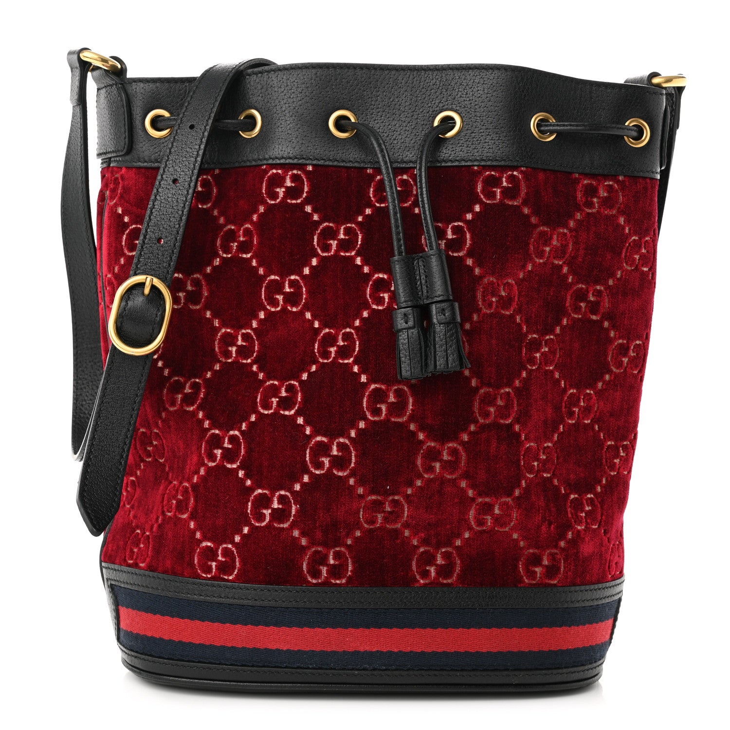 Gucci Velvet GG Monogram Textured Calfskin Web Bucket Bag Red Cipria Black 1 of 10