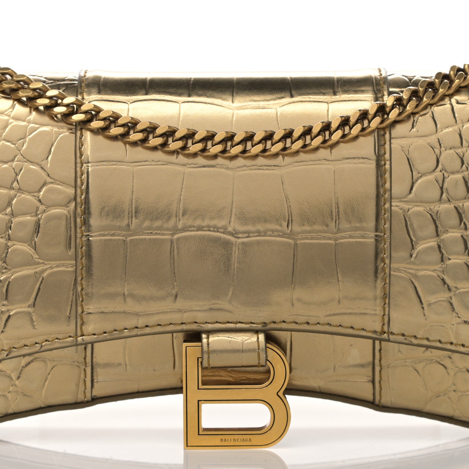 Balenciaga Metallic Calfskin Crocodile Embossed Hourglass Chain Bag Gold 12 of 25