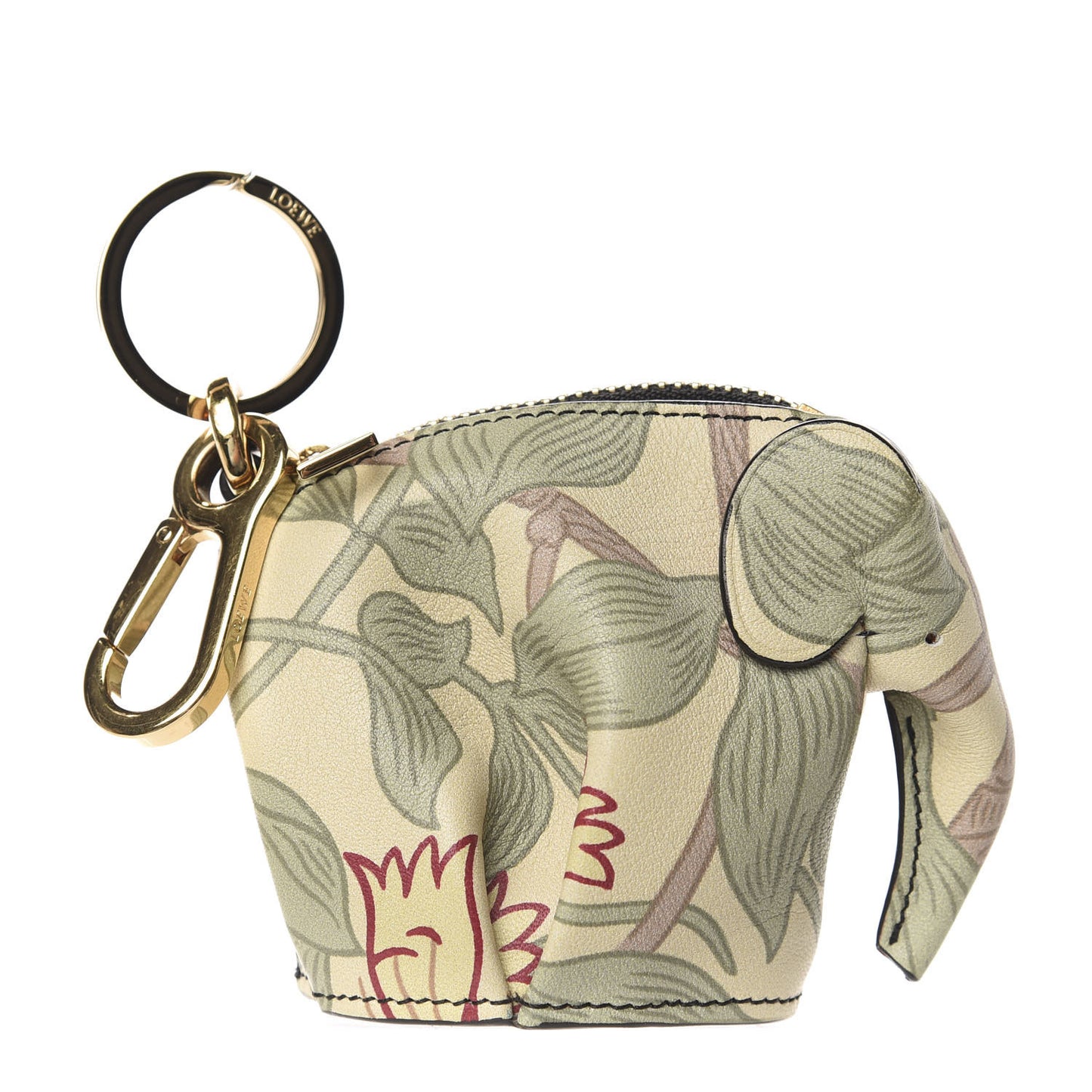 Calfskin Floral Print Elephant Coin Purse Bag Charm Key Holder