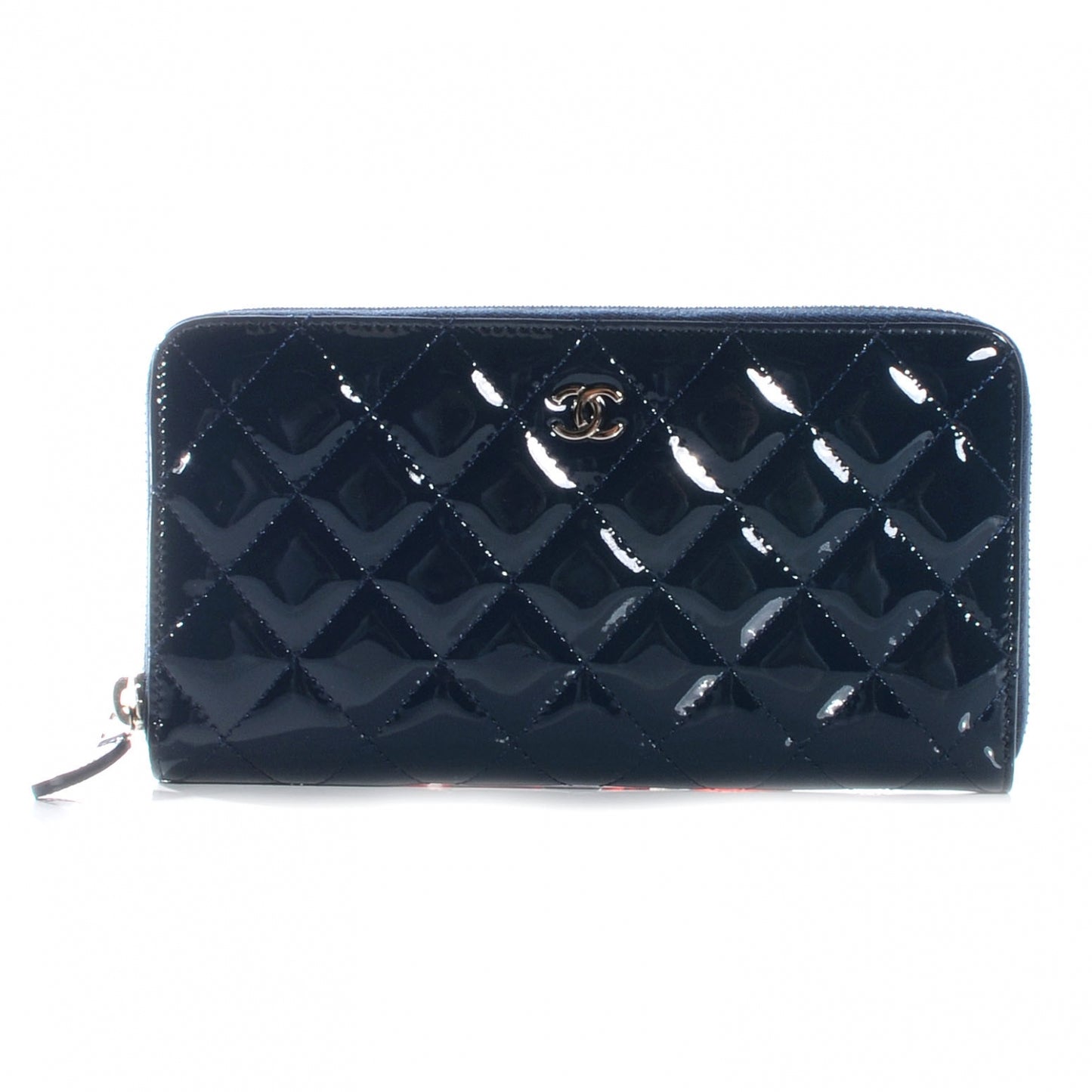Patent Quilted Zip Around Wallet Navy Blue