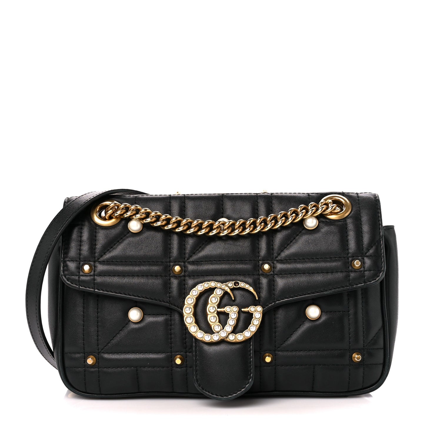 Calfskin Matelasse Studded Small Pearly GG Marmont Shoulder Bag Black