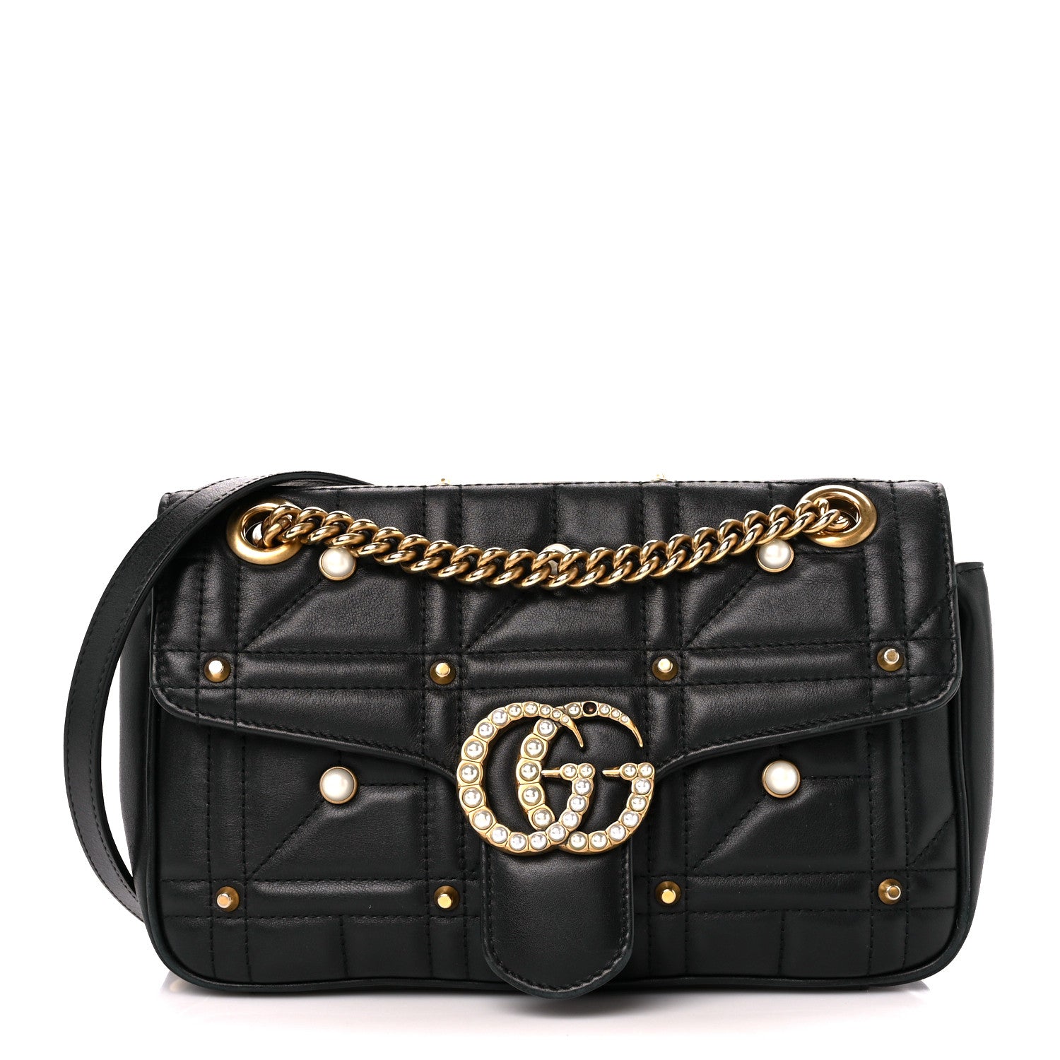 Gucci Calfskin Matelasse Studded Small Pearly GG Marmont Shoulder Bag Black 1 of 11