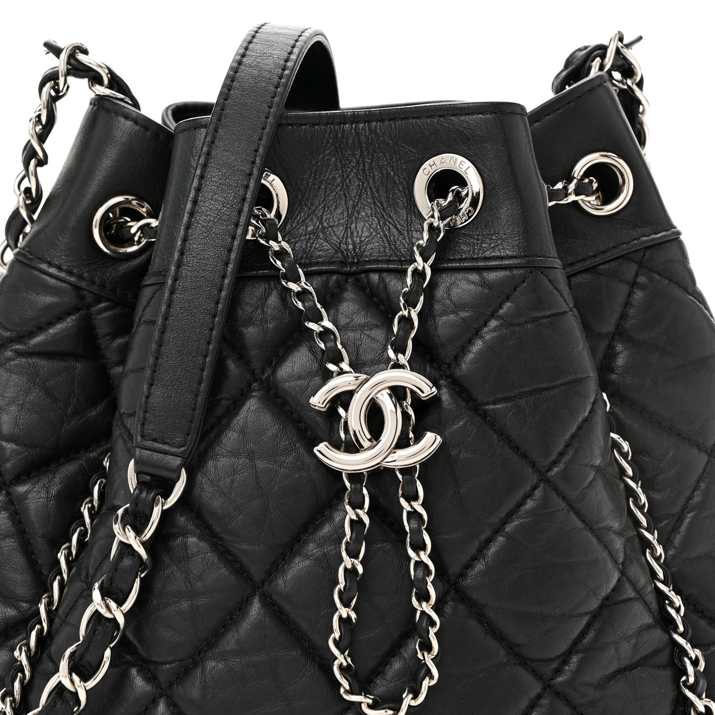Crumpled Calfskin Quilted Chain All Over Drawstring Bucket Bag Black