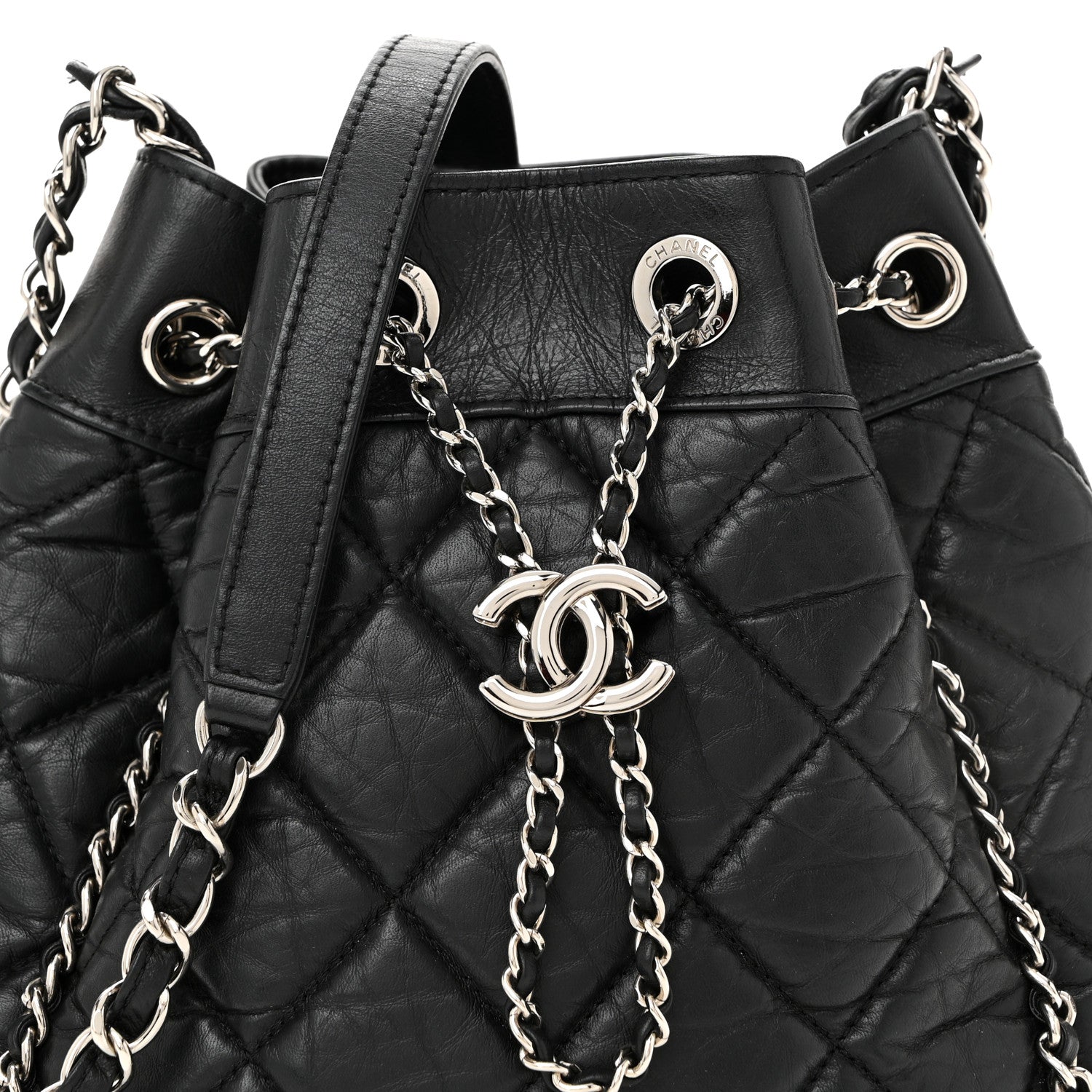 Chanel Crumpled Calfskin Quilted Chain All Over Drawstring Bucket Bag Black 8 of 10