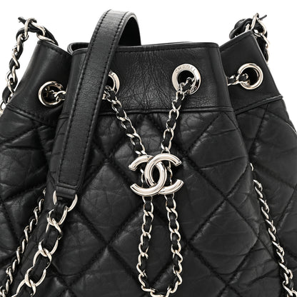 Chanel Crumpled Calfskin Quilted Chain All Over Drawstring Bucket Bag Black 8 of 10