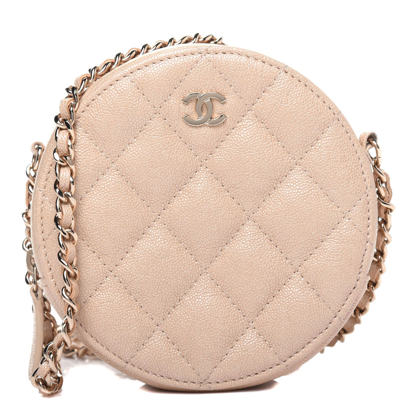 Iridescent Caviar Quilted Round Clutch With Chain Beige