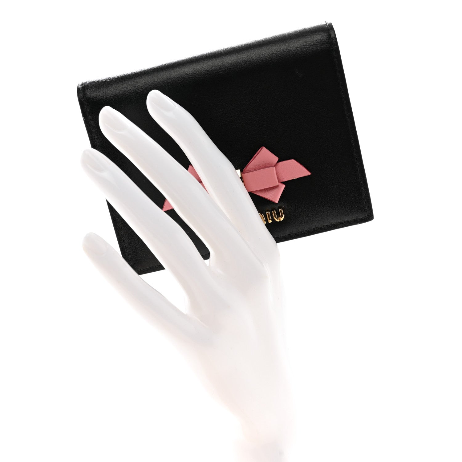Miu Miu Soft Calfskin Bow Compact Wallet Black Pink 2 of 11