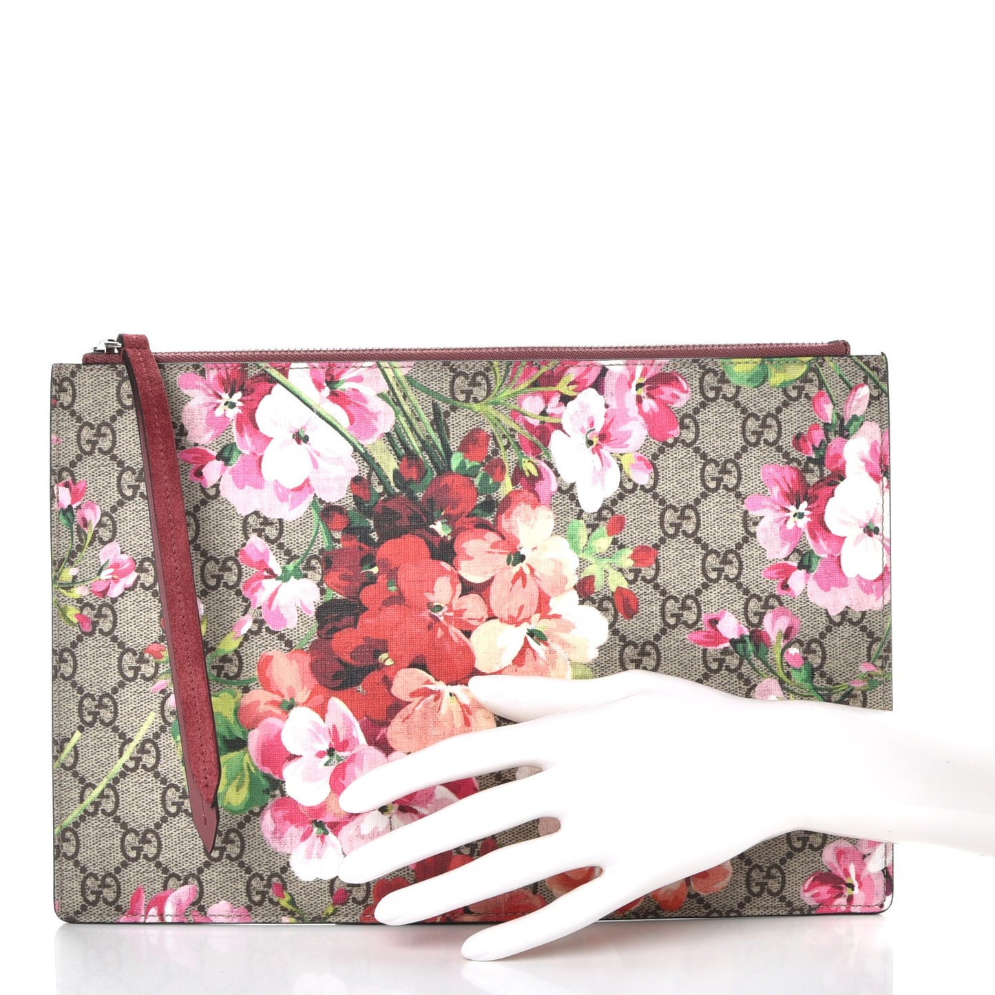 GG Supreme Monogram Blooms Suede Large Zip Pouch Beige Multicolor Dry Rose