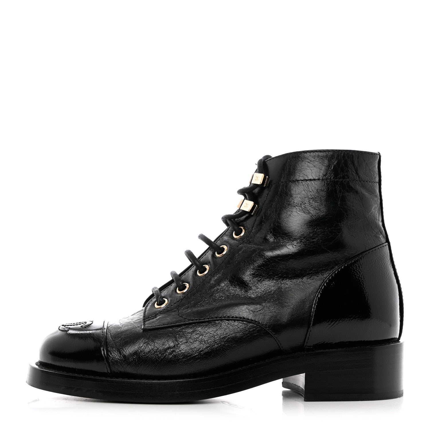 Chanel Crumpled Lambskin Shiny Calfskin Combat Boots 35 Black 1 of 9