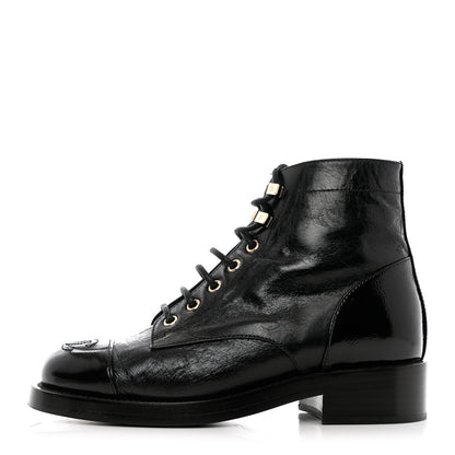 Chanel Crumpled Lambskin Shiny Calfskin Combat Boots 35 Black 1 of 9