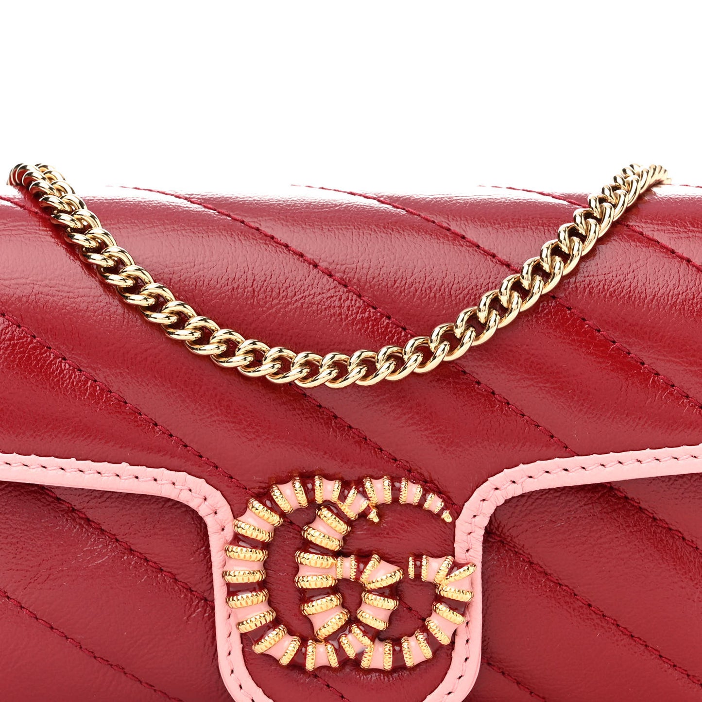 Azalea Calfskin Enamel Matelasse Diagonal Super Mini Torchon GG Marmont Shoulder Bag New Cherry Red Wild Rose