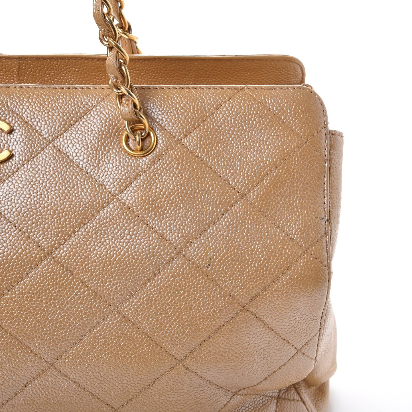 Metallic Caviar Quilted Shopping Tote Beige