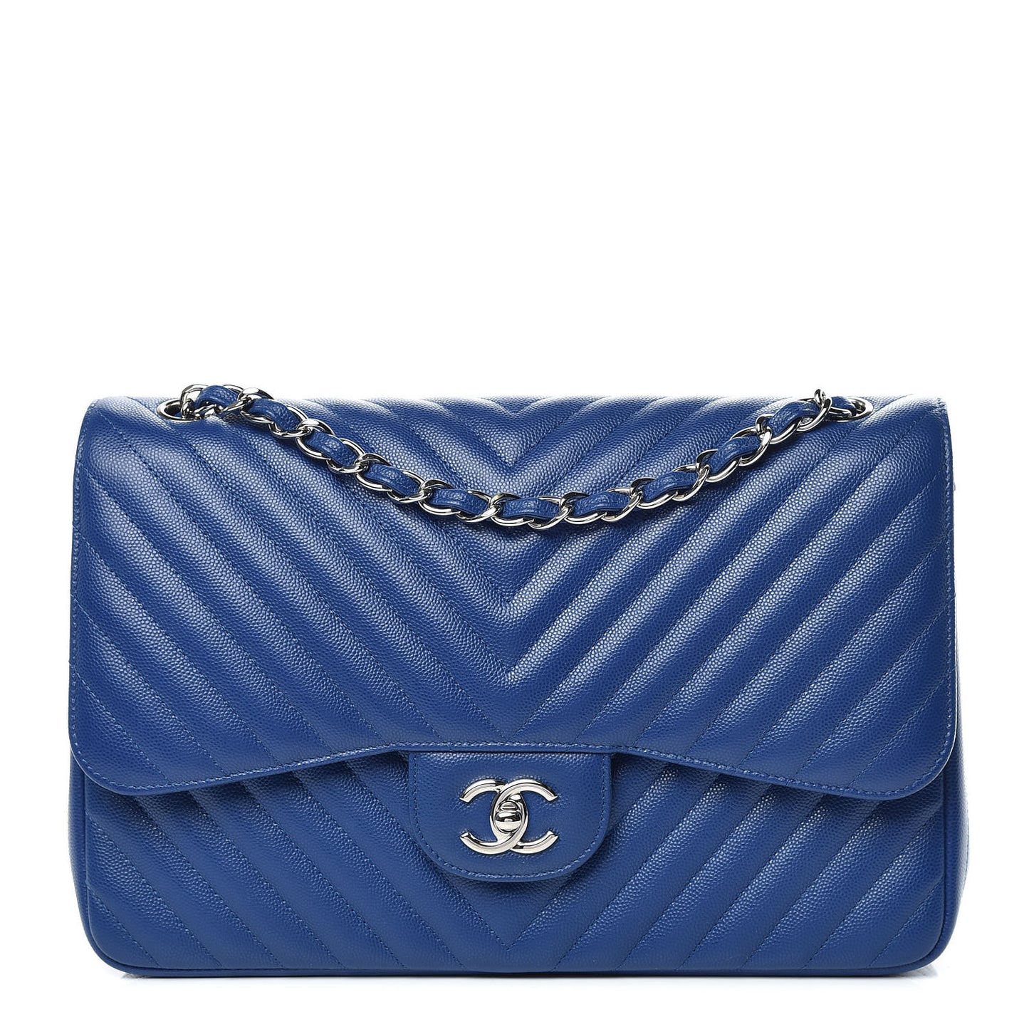 Caviar Chevron Quilted Jumbo Double Flap Blue