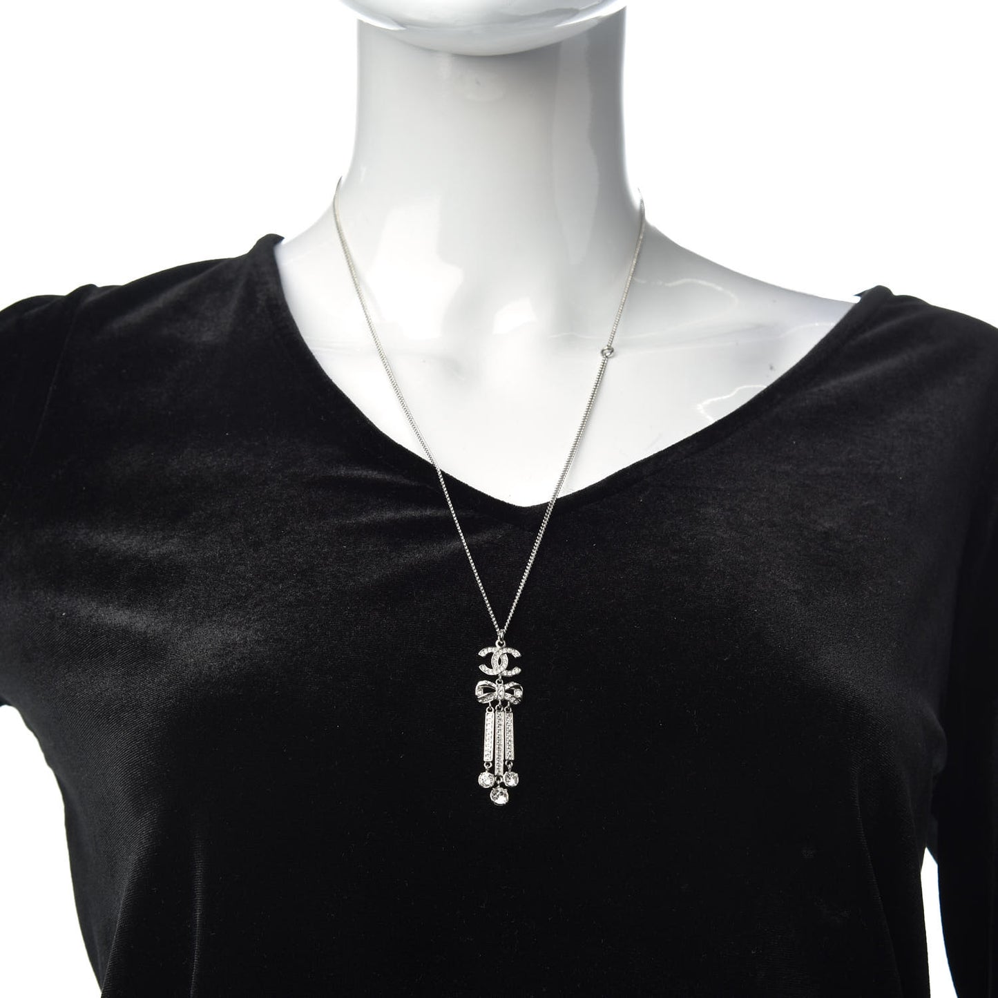 Crystal CC Bow Drop Necklace Silver